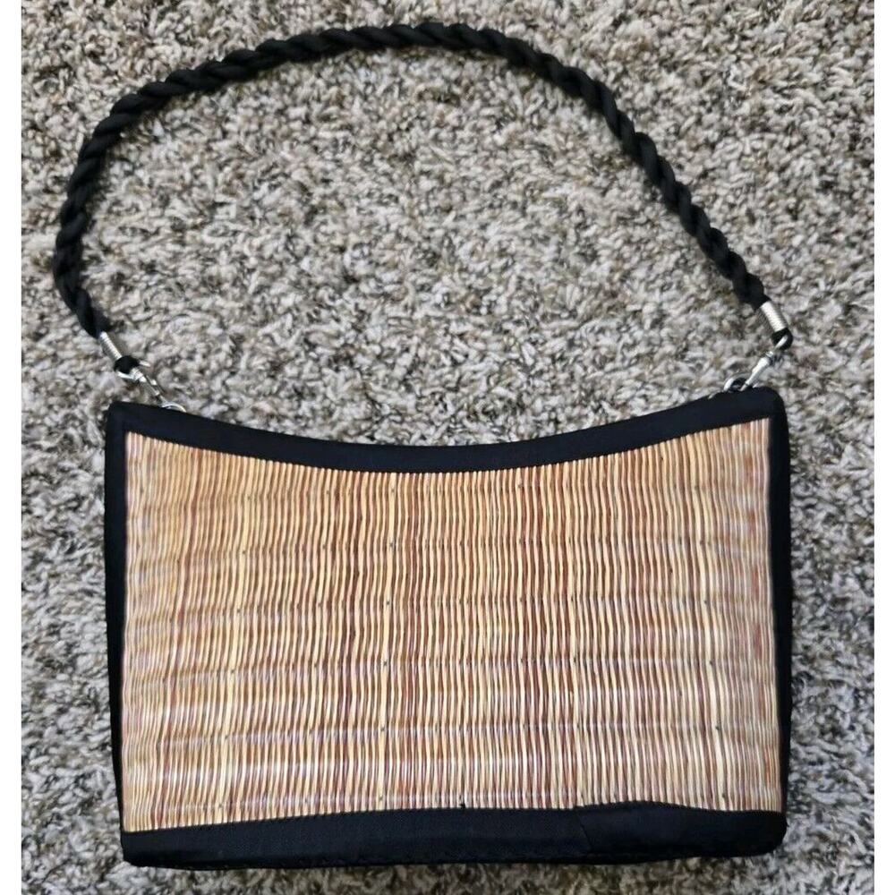Baskets of Cambodia Tan and Brown with Black Trim Straw Purse Shoulder Bag
